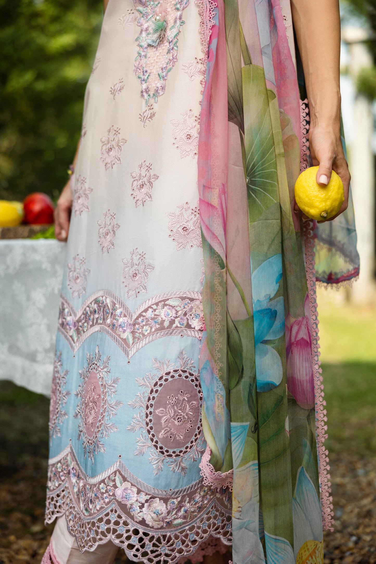 Chiffon dupatta with delicate embroidery from Mushq Solace Sorisso MSL2502 collection.
