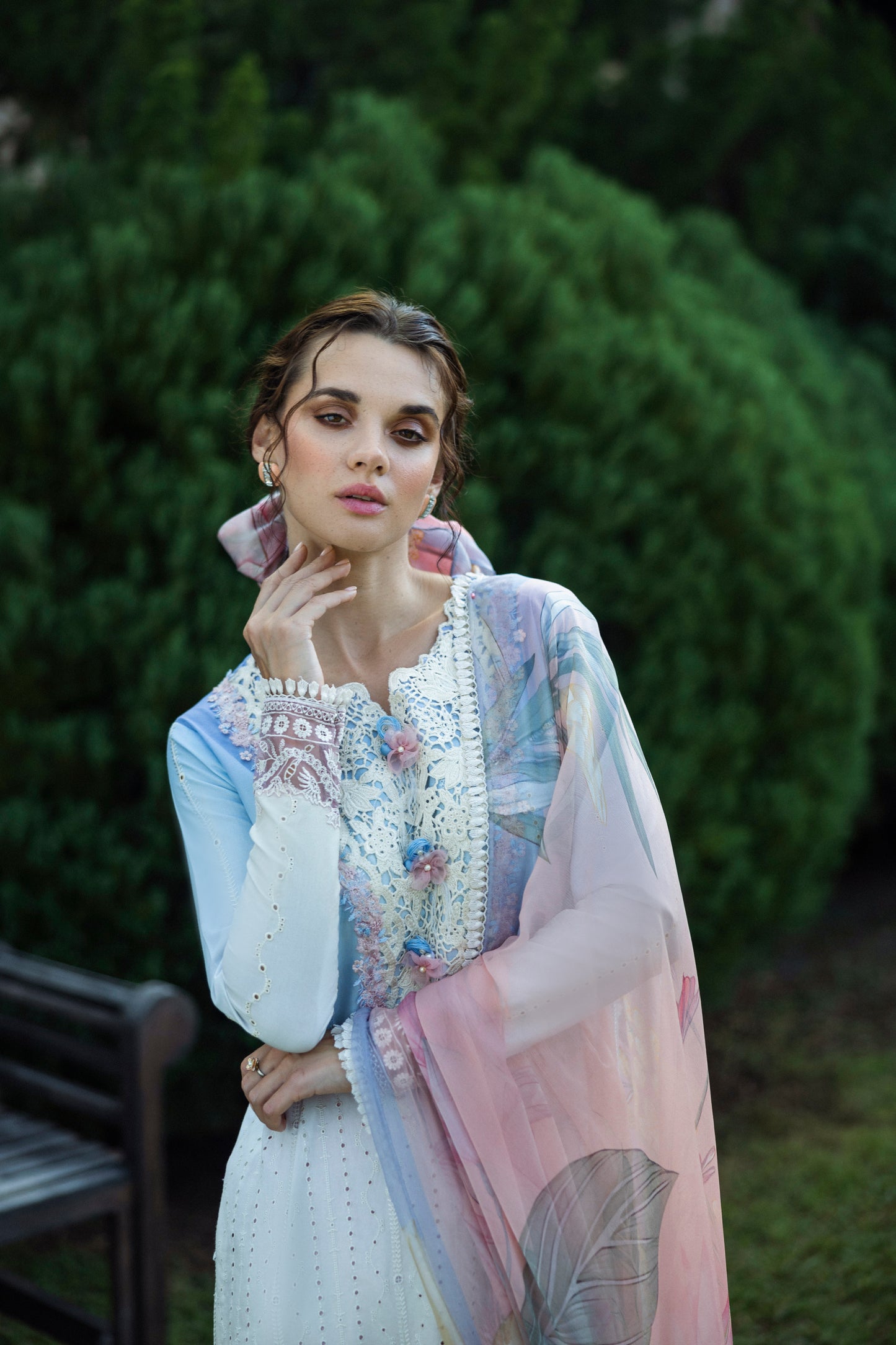 Model wearing Mushq Solace Purezza MSL2508 pastel embroidered formal dress from 2025 collection.