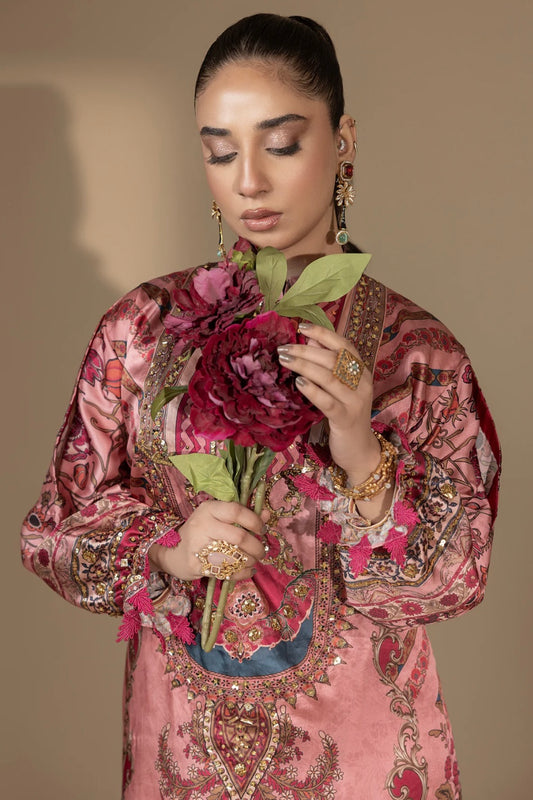 Farah K Tea Rose embroidered formal chiffon suit in soft pink with floral motifs