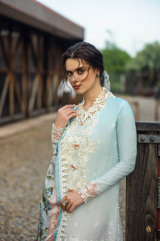 Close-up of neckline and sleeve embroidery on Mushq Solace Casa MSL2510 luxury chiffon suit.