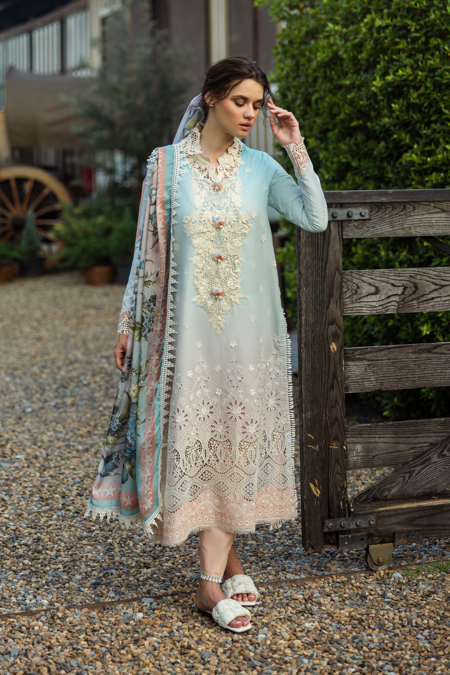 Mushq Solace Casa MSL2510 luxury embroidered chiffon suit in soft pastel shades.