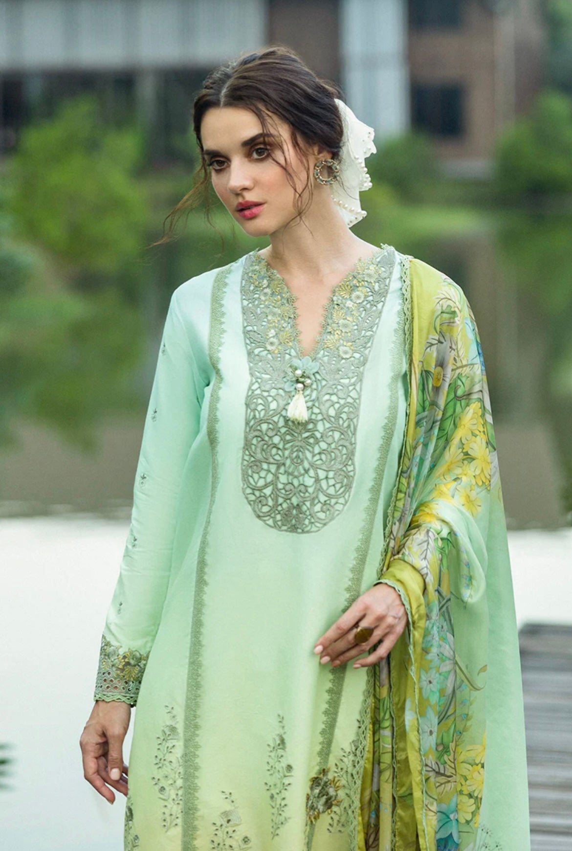 Close-up of neckline and sleeve embroidery on Mushq Solace Unione MSL2507 luxury chiffon outfit.
