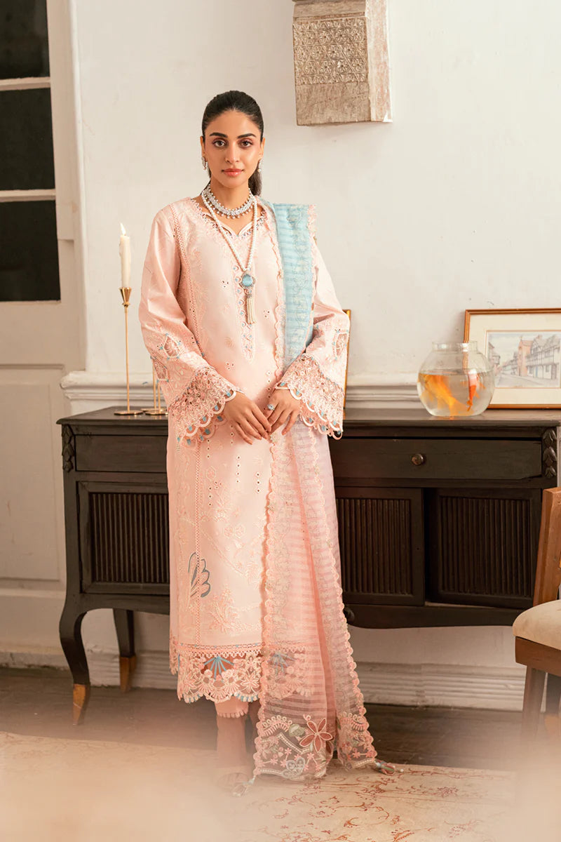 Model wearing Qalamkar Luxury Lawn Eid Edit SB-05 Aleeza pastel embroidered suit.