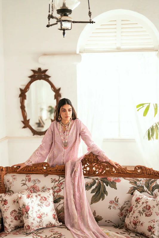 Model wearing Qalamkar Luxury Lawn Eid Edit SB-06 Komal pastel embroidered suit