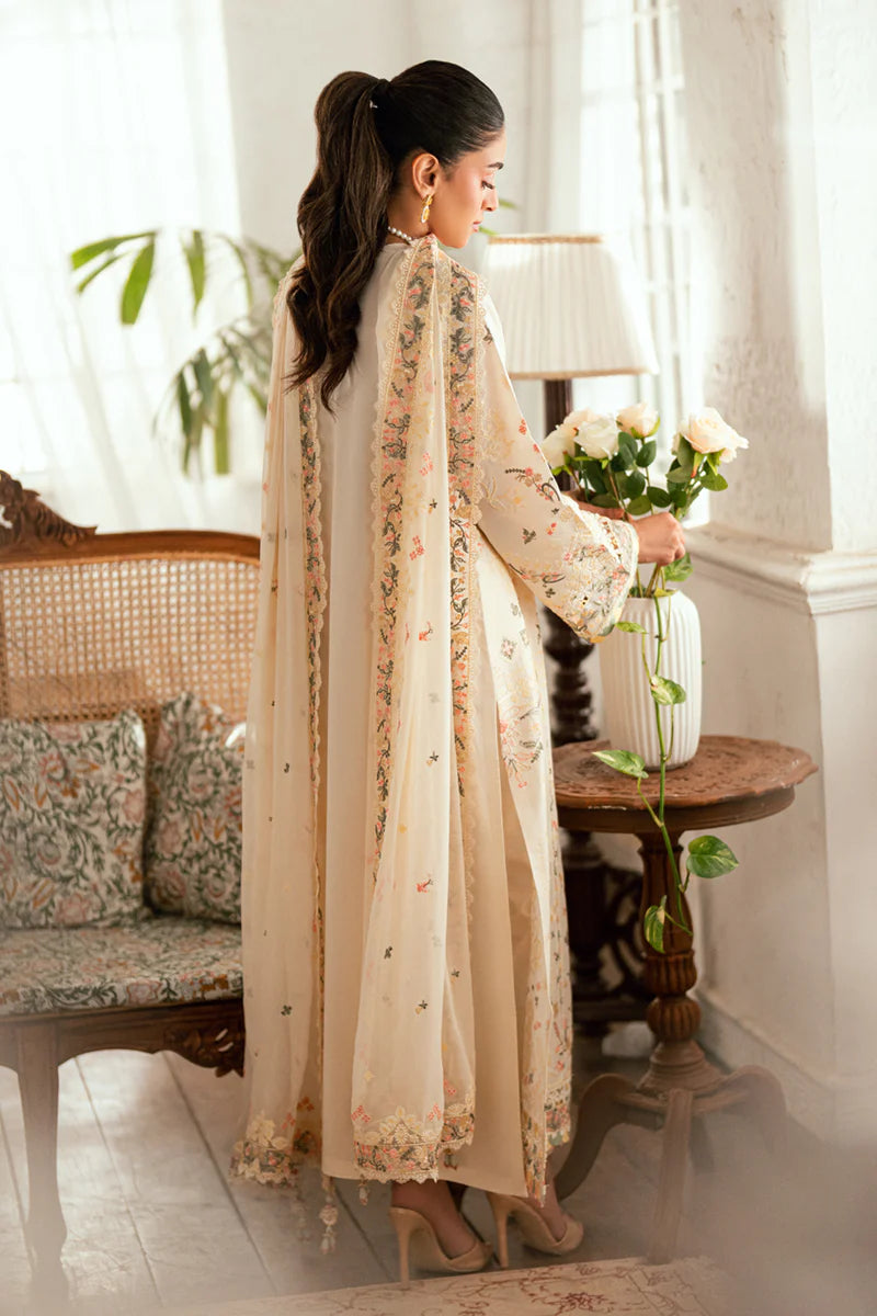 Back view of Qalamkar SB-01 Rina luxury lawn suit with delicate floral embroidery.