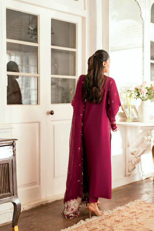 Back view of Qalamkar SB-02 Sameen luxury lawn suit with floral embroidery.