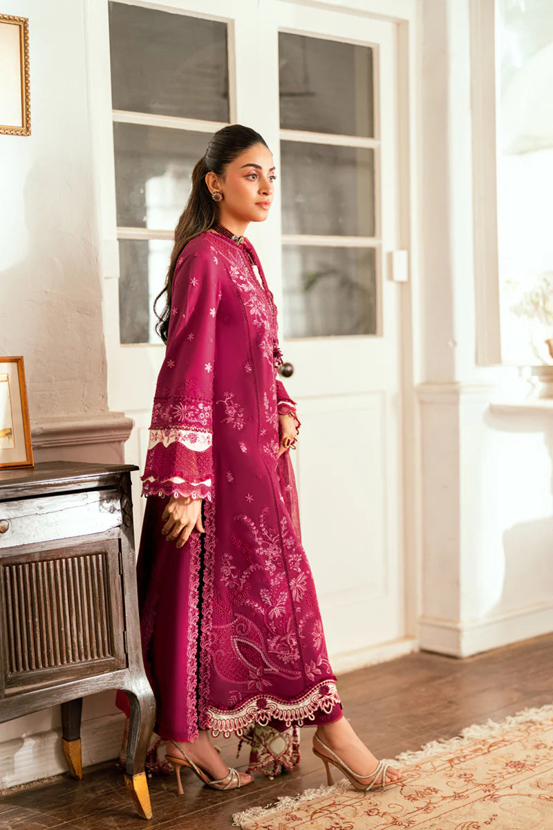 Model wearing Qalamkar Luxury Lawn Eid Edit SB-02 Sameen pastel embroidered suit.
