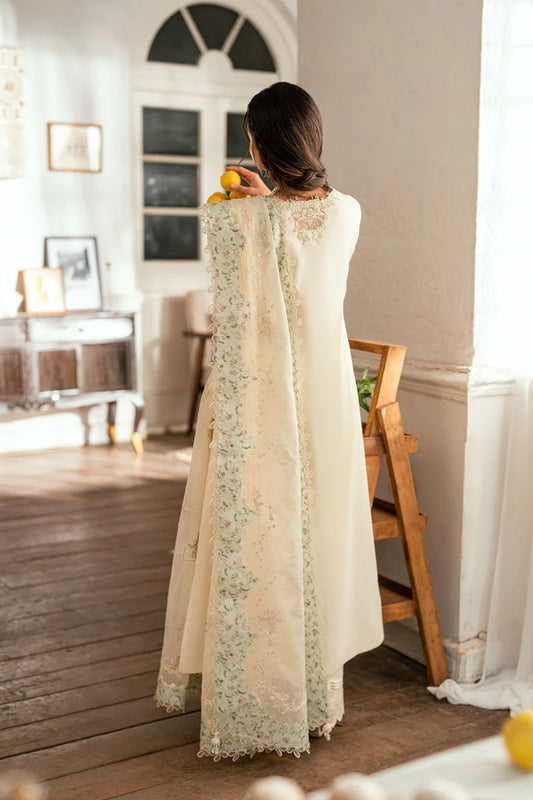 Back view of Qalamkar SB-1 Nadia luxury lawn suit with intricate embroidery.