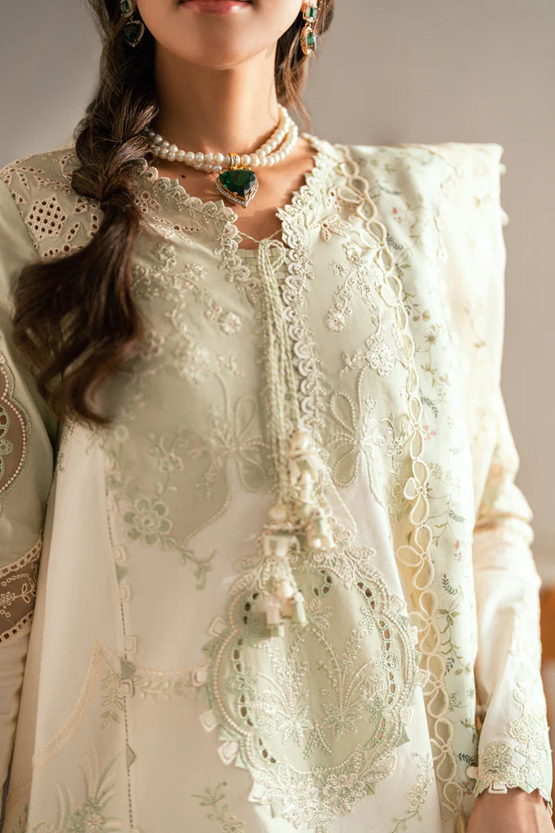 Close-up of delicate embroidery on Qalamkar SB-1 Nadia lawn suit.