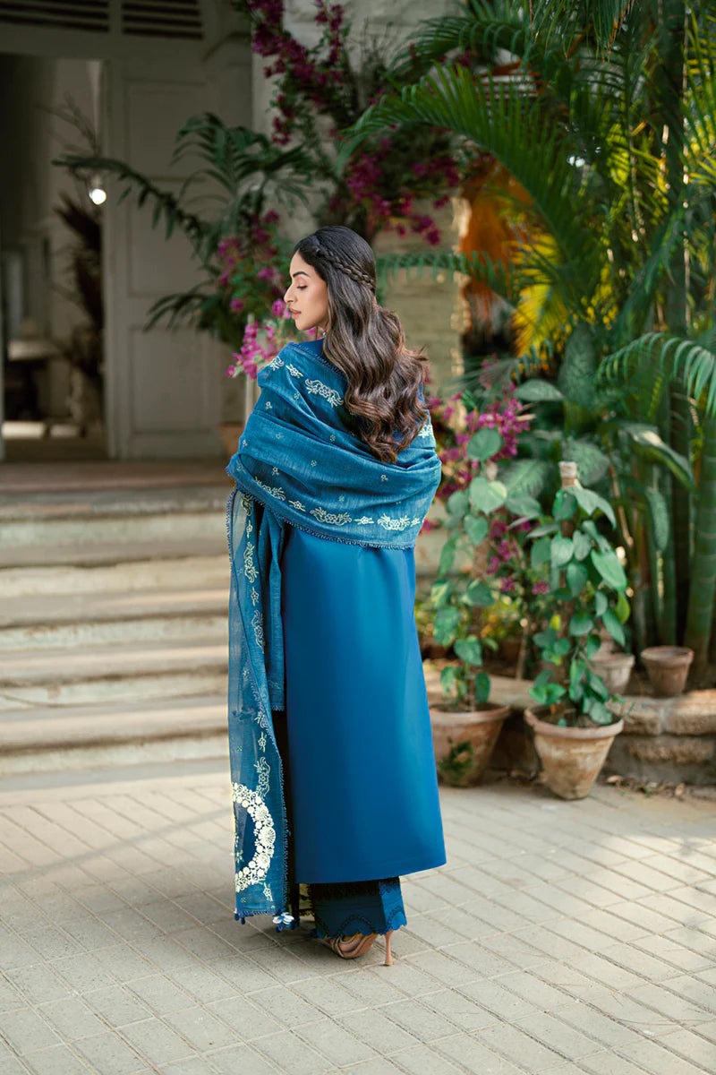 Back view of Qalamkar SB-11 Noray luxury lawn suit with delicate embroidery.