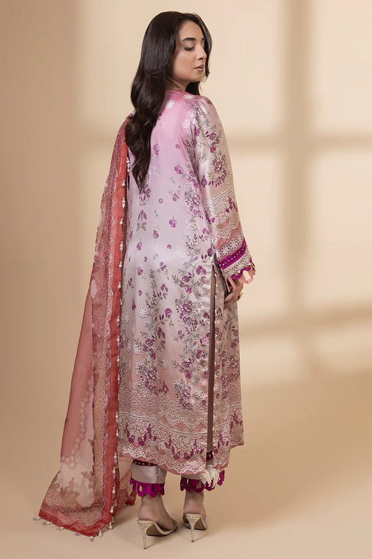Back view of Farah K Carnation Crush luxury formal wear with floral threadwork.
