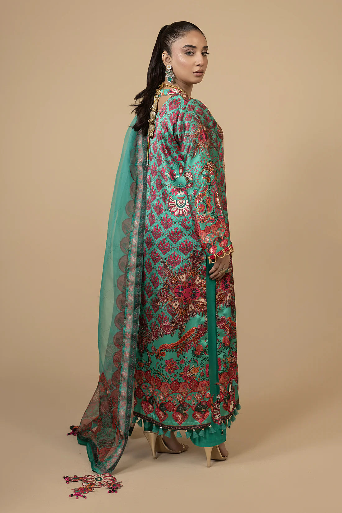 Back view of Farah K Sea Jasmin luxury lawn suit with delicate seafoam embroidery.