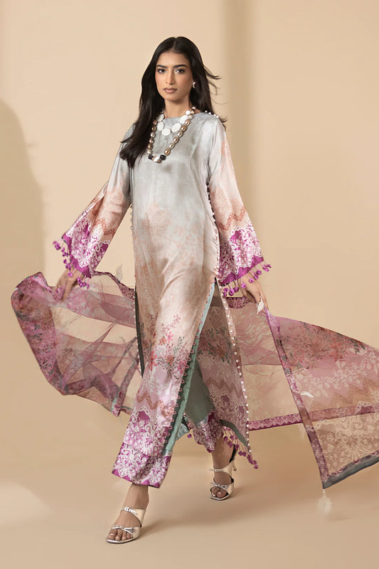 Farah K Forget Me Not cream chiffon dupatta with intricate light pink floral embroidery