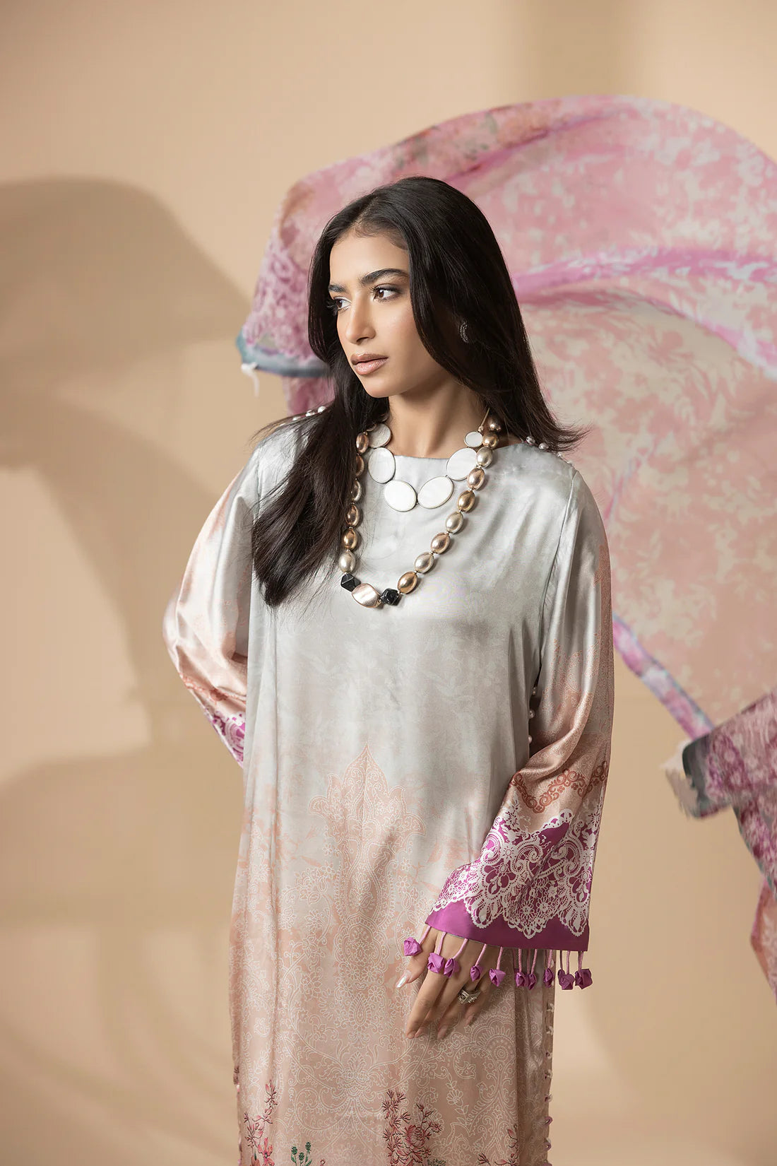 Farah K Forget Me Not cream chiffon dupatta with intricate light pink floral embroidery