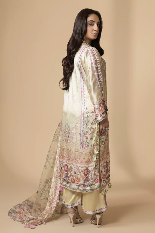 Back view of Farah K Daffodil Dawn luxury lawn suit with floral embroidery
