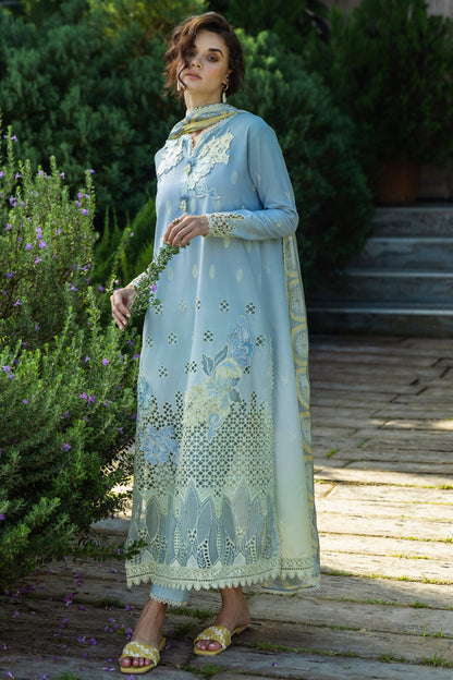 Mushq Solace Intesa MSL2505 luxury embroidered chiffon suit in soft pastel colors.