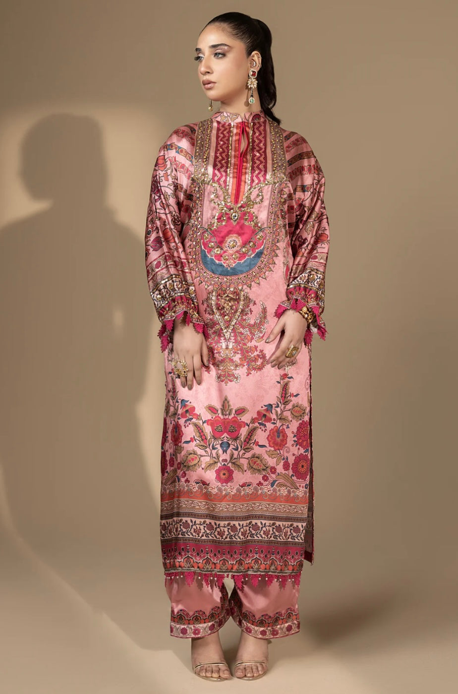 Farah K Tea Rose embroidered formal chiffon suit in soft pink with floral motifs
