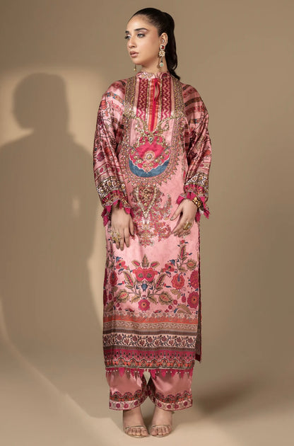Farah K Tea Rose embroidered formal chiffon suit in soft pink with floral motifs