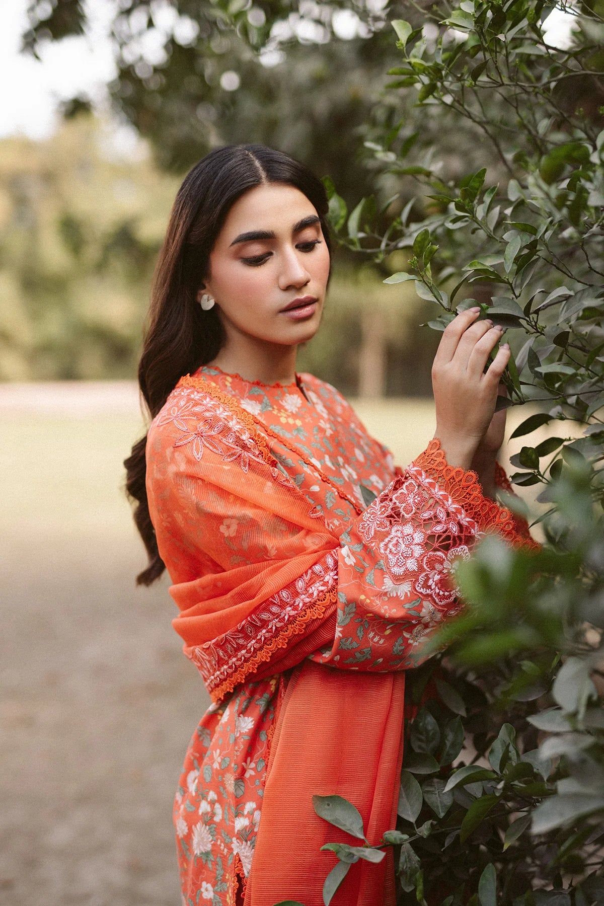 Close-up of detailed embroidery on Ayzel Celine AL-25-V10-02 designer outfit.