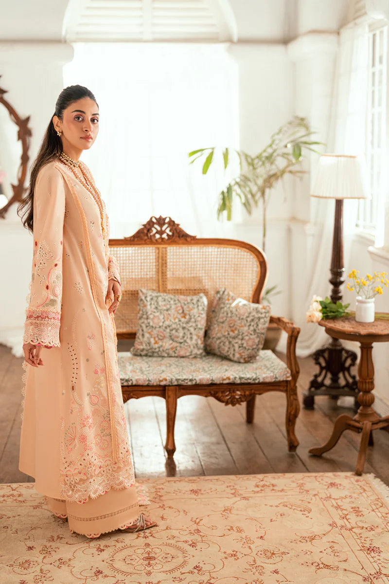 Model wearing Qalamkar Luxury Lawn Eid Edit SB-07 Zoya pastel embroidered suit.