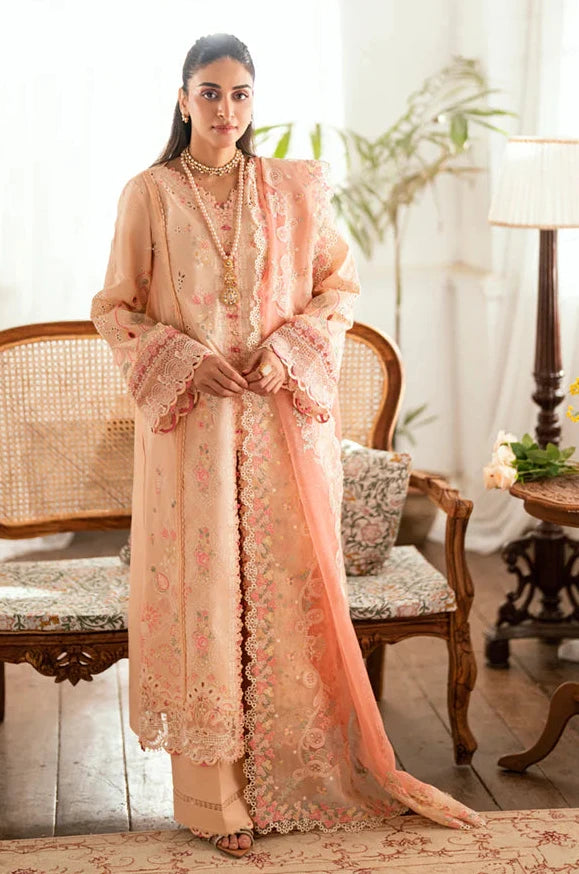 Qalamkar Luxury Lawn Eid Edit SB-07 Zoya embroidered pastel lawn suit front view.