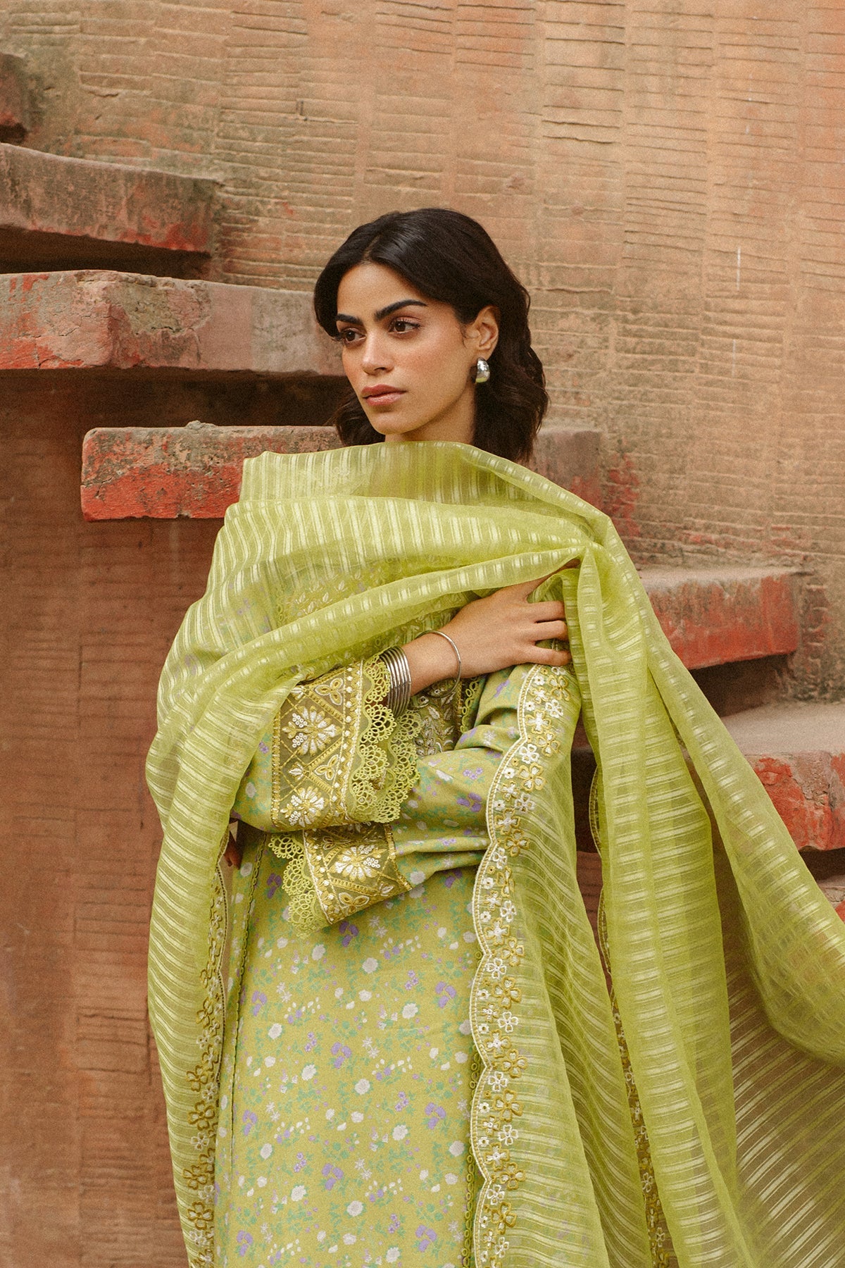 Model wearing Ayzel Verda 1L-25-V10-01 luxury embroidered designer outfit.